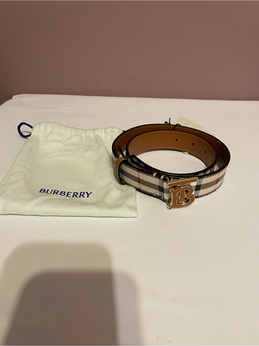 New authentic Burberry Beige Check TB Buckle Belt with Tan Leather
